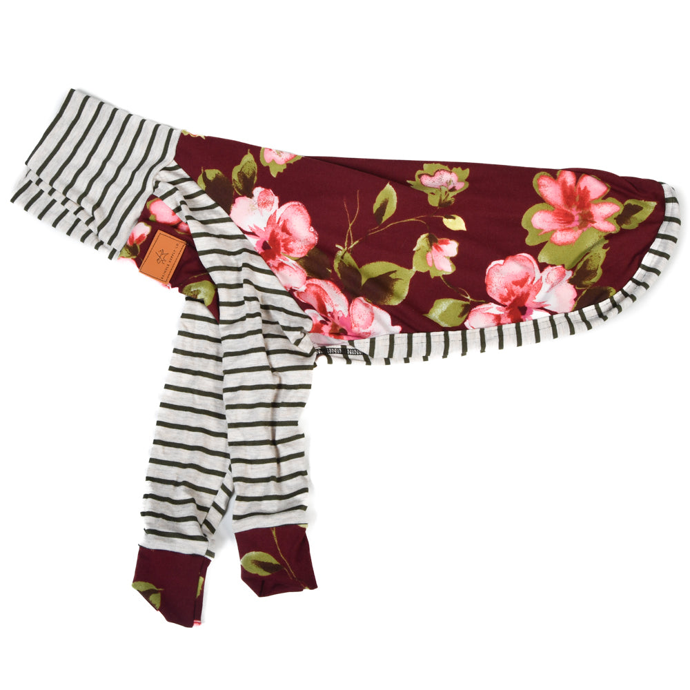 Wine Floral / Olive Stripe Neck Warmer T-shirt Pajamas